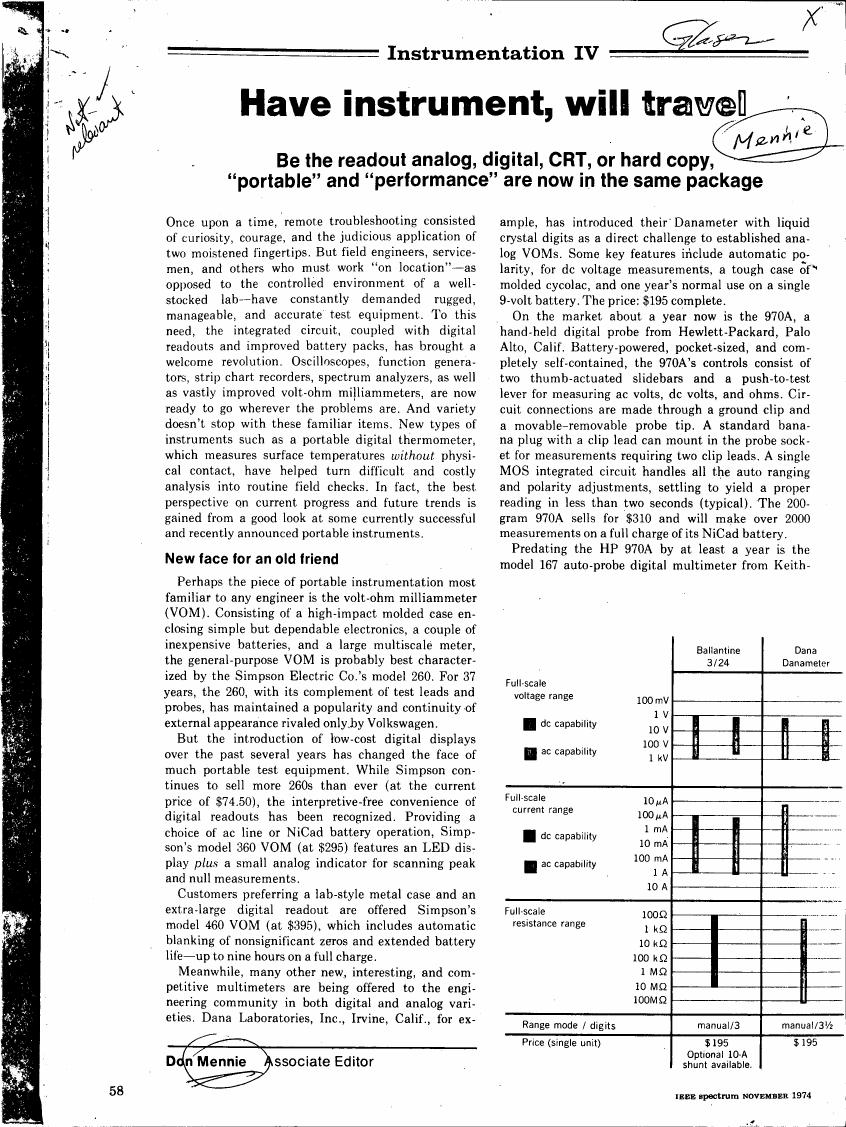 AI-described figure: A chart comparing voltage range and current range for two instruments: Ballantine 3/24 and Dana Daniameter.