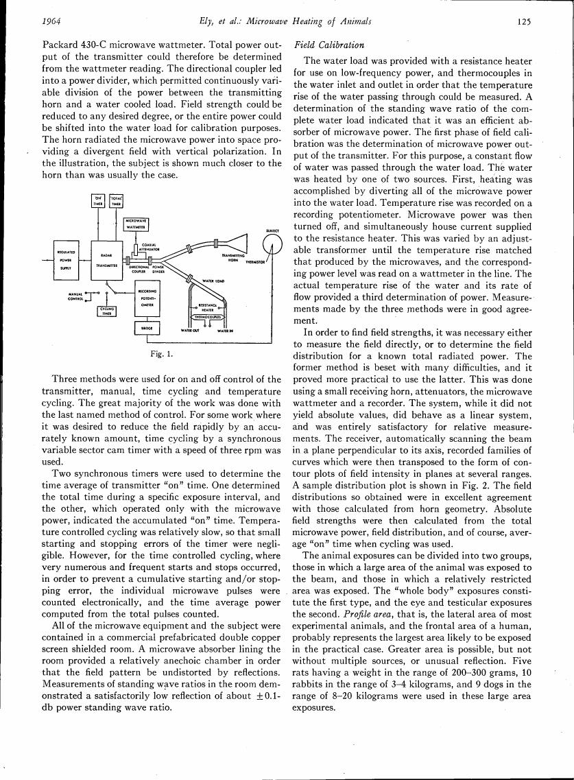 AI-described figure: A schematic diagram illustrating a microwave heating setup for animals, including components like a transmitter, directional coupler, and water load.