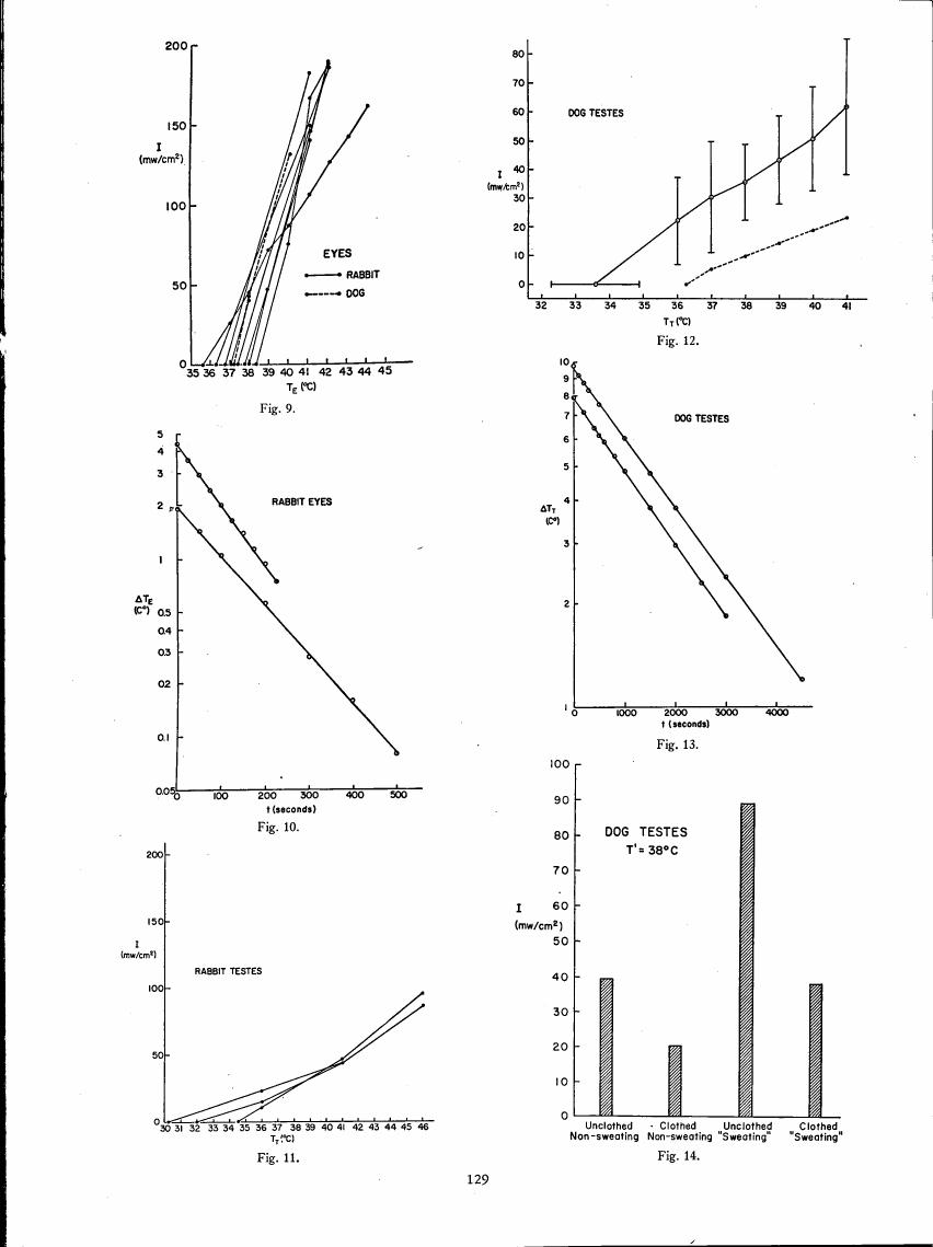 AI-described figure: Figures showing temperature changes and radiation intensity in rabbit eyes (Fig. 9), dog testes under varying temperatures (Figs. 12, 13), and the effect of clothing on radiation intensity for dog testes at a specific temperature (Fig. 14).