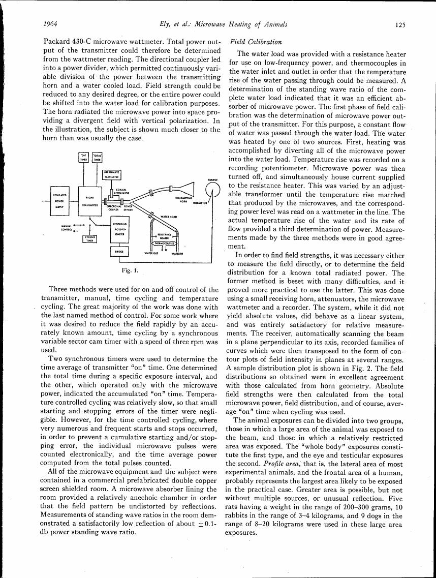 AI-described figure: A schematic diagram illustrating a microwave heating setup for animals, including components like a transmitter, power divider, and water load.