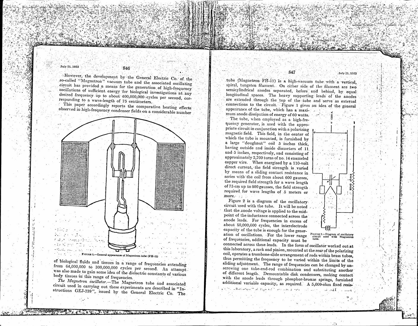 AI-described figure: Figure 1 illustrates the general appearance of a Magnetron tube (FH-11), showing its vertical spiral filament and cylindrical anodes.
