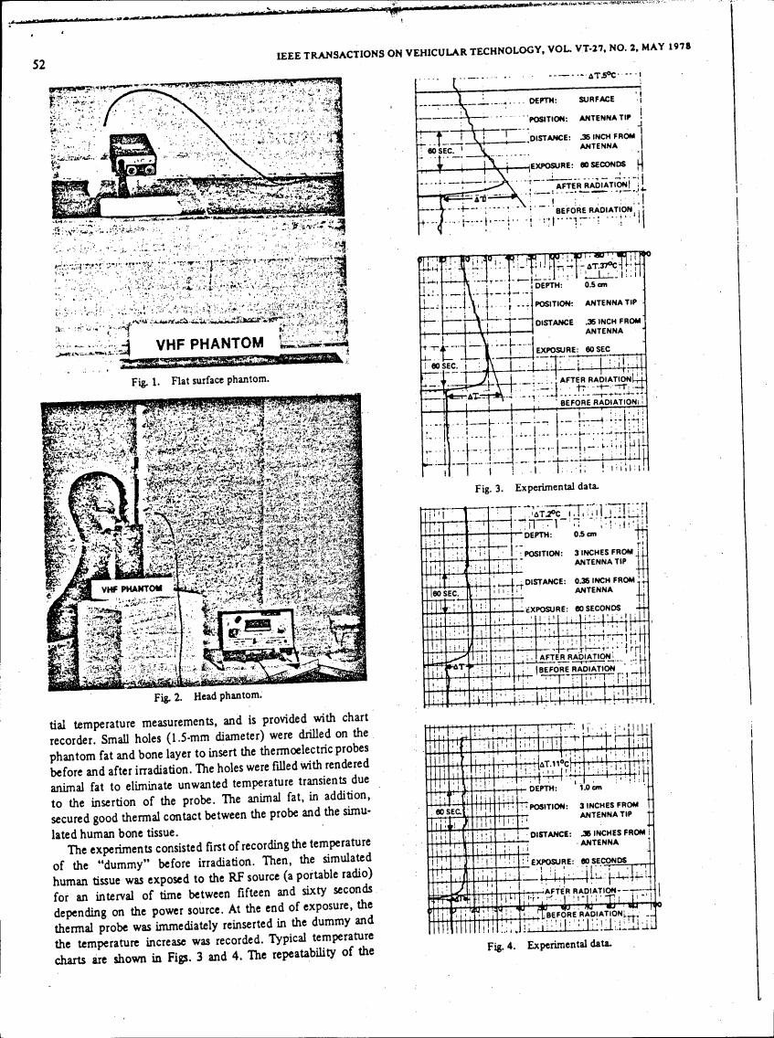 AI-described figure: Experimental temperature changes over time for different depths and positions in a VHF phantom study (Figs. 3 and 4).