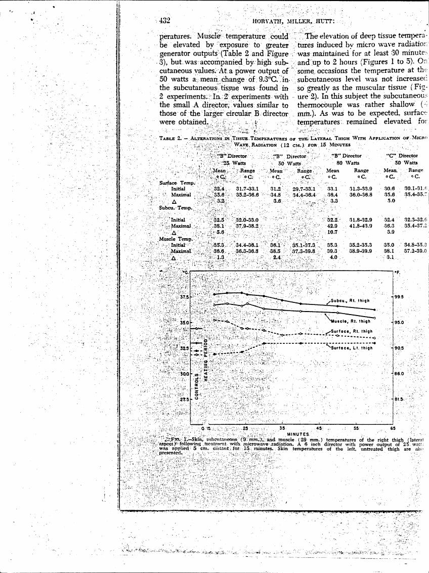 AI-described figure: The graph illustrates skin subcutaneous (9 mm), and muscle (29 mm) temperatures over a heating period of up to 65 minutes following microwave radiation treatment.