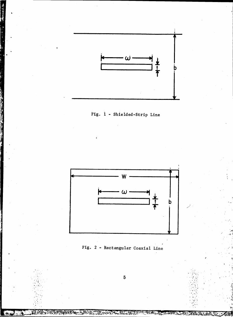 AI-described figure: Figures showing a shielded-strip line and a rectangular coaxial line with labeled dimensions.