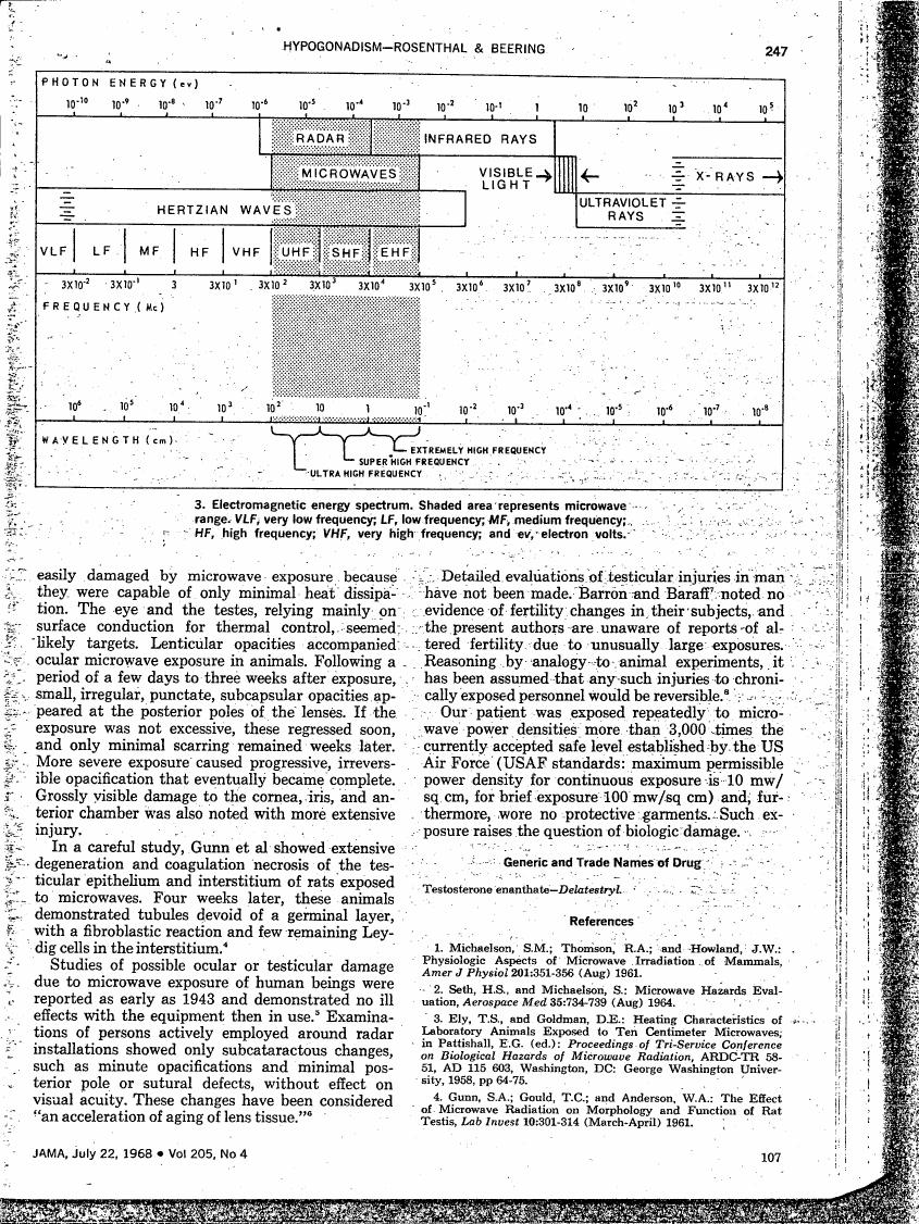 Electromagnetic energy spectrum with shaded areas representing microwave range and frequency bands labeled VLF to EHF.