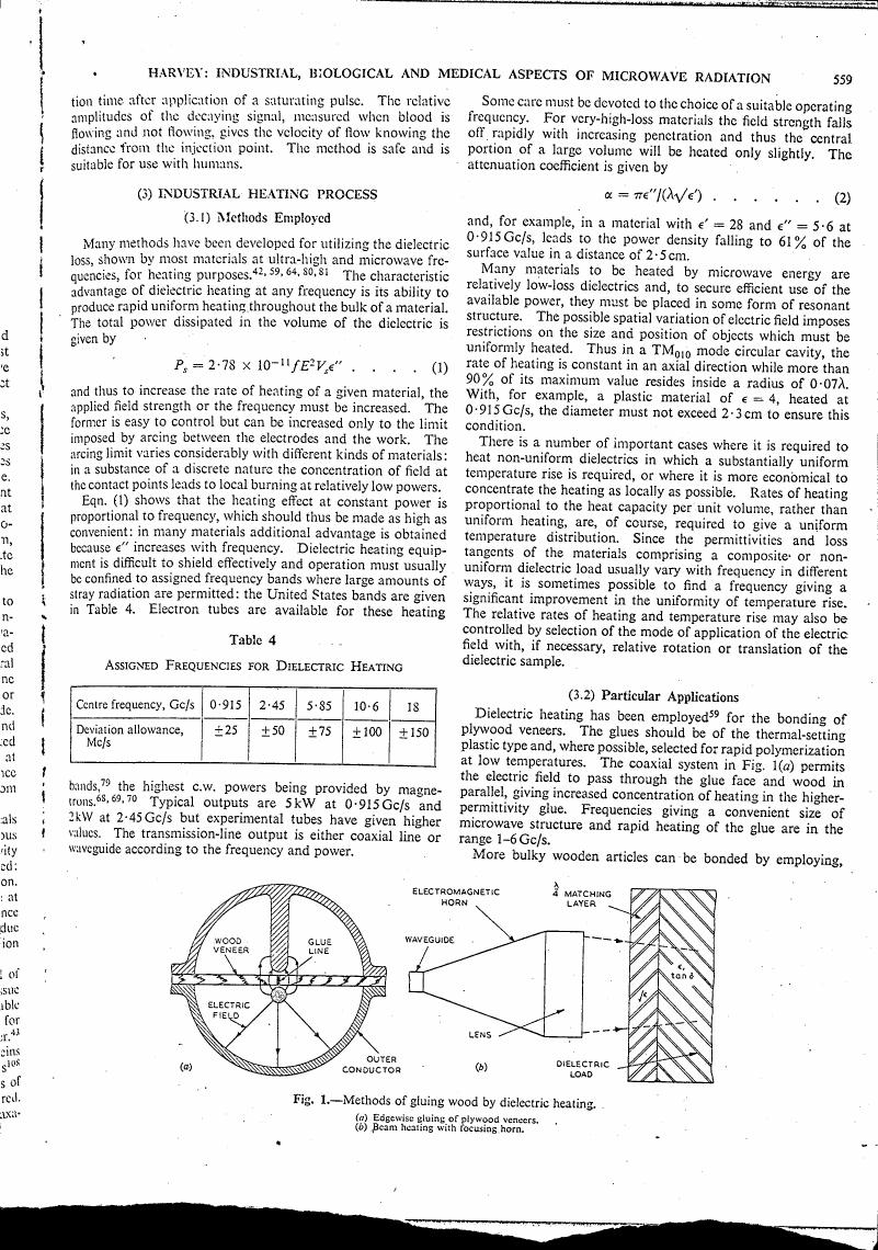 AI-described figure: Fig. 1 illustrates methods of gluing wood by dielectric heating, showing both edgewise gluing and beam heating with a focusing horn.