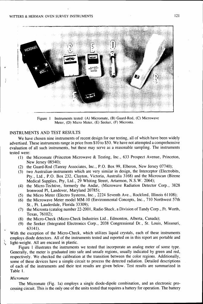 AI-described figure: Figure 1 displays a collection of instruments tested for microwave radiation detection, including models like Micromate and Seeker.