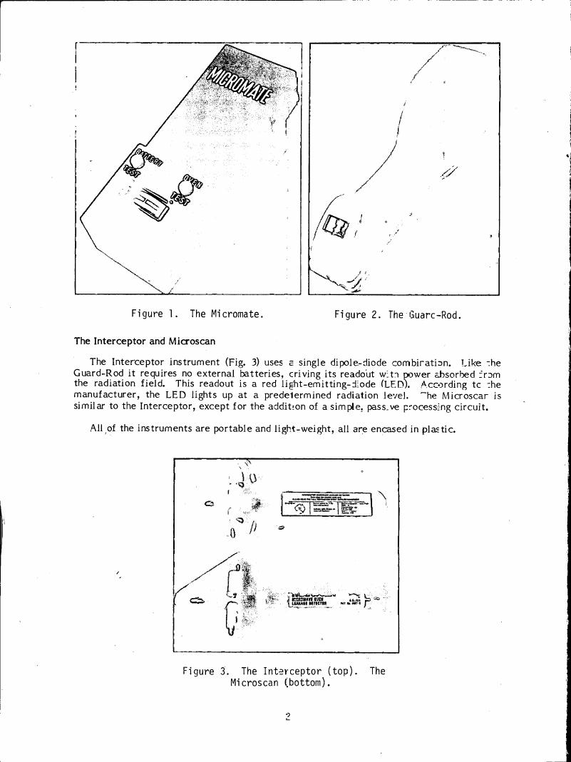 AI-described figure: Figures 1 and 2 show diagrams of two radiation detection instruments: The Micromate (Figure 1) and The Guard-Rod (Figure 2).
