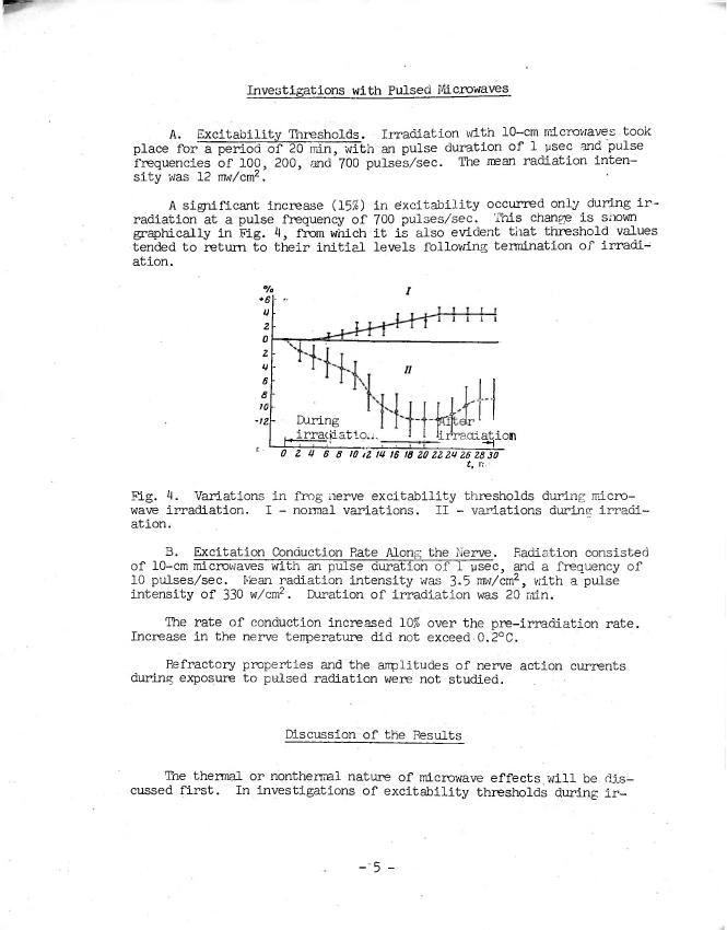 AI-described figure: Variations in frog nerve excitability thresholds during microwave irradiation, showing normal variations and changes during irradiation.