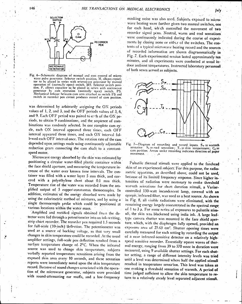 AI-described figure: Figure 7 - Diagram of recording and record inputs showing S_w = warmth sensation; T_s = skin temperature; C_p = cam position. Arrow under recording indicates direction of paper movement.
