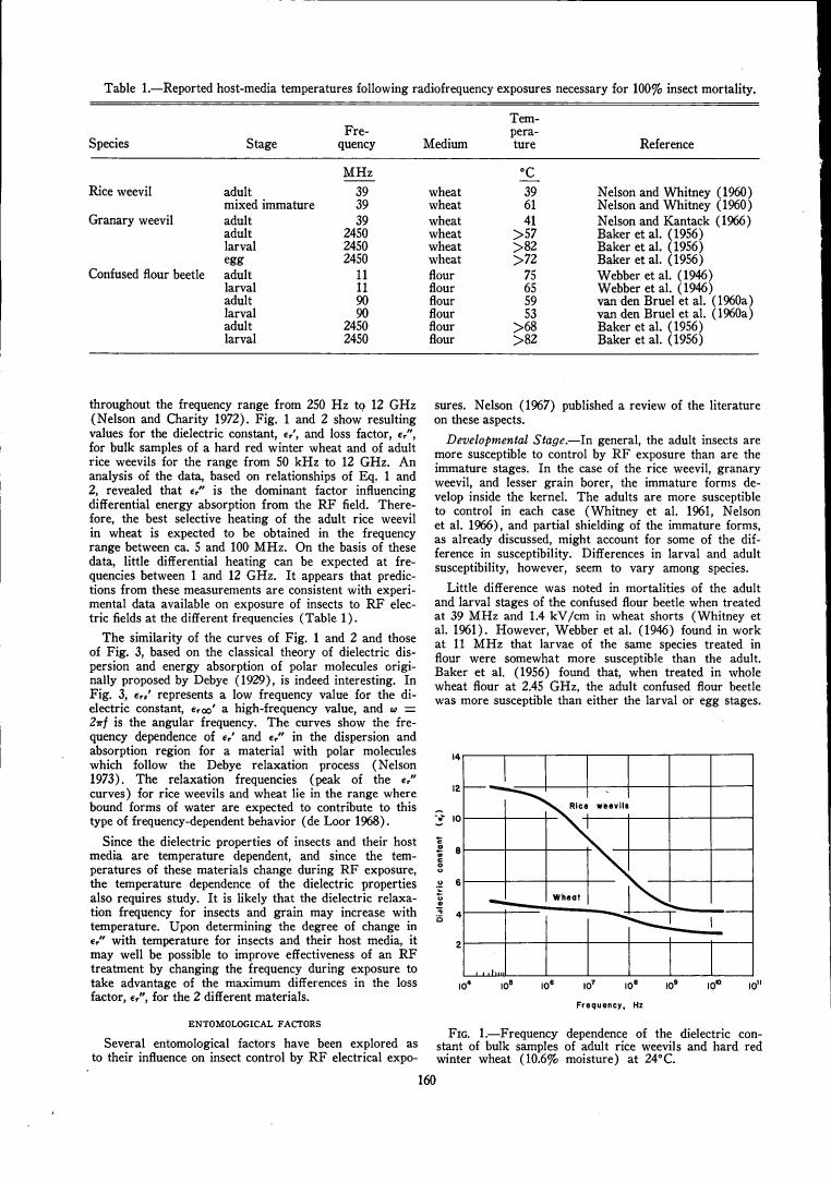 Frequency dependence of the dielectric constant for bulk samples of adult rice weevils and hard red winter wheat at 24°C.