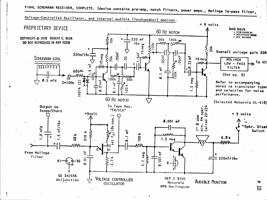 AI-described figure: A detailed schematic diagram of a Schumann receiver with various components such as pre-amps, notch filters, power amplifiers, and an internal audible monitor.