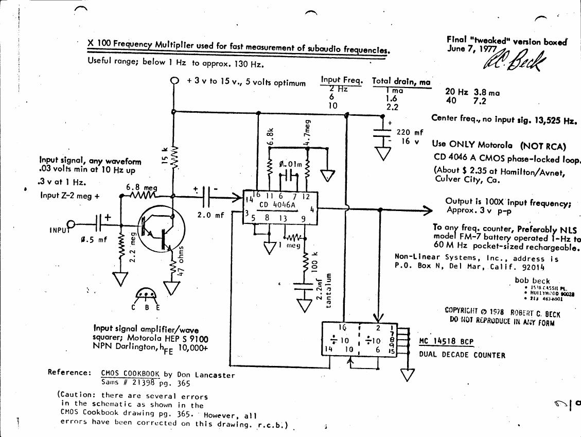 AI-described figure: A schematic diagram illustrating a frequency multiplier circuit for measuring subaudio frequencies.