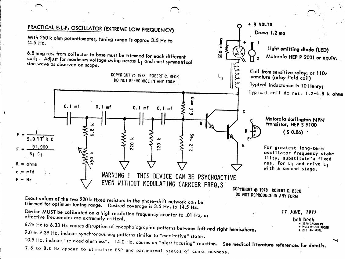AI-described figure: A schematic diagram of a practical E.L.F. oscillator with annotations for component values and warnings about psychoactive effects.