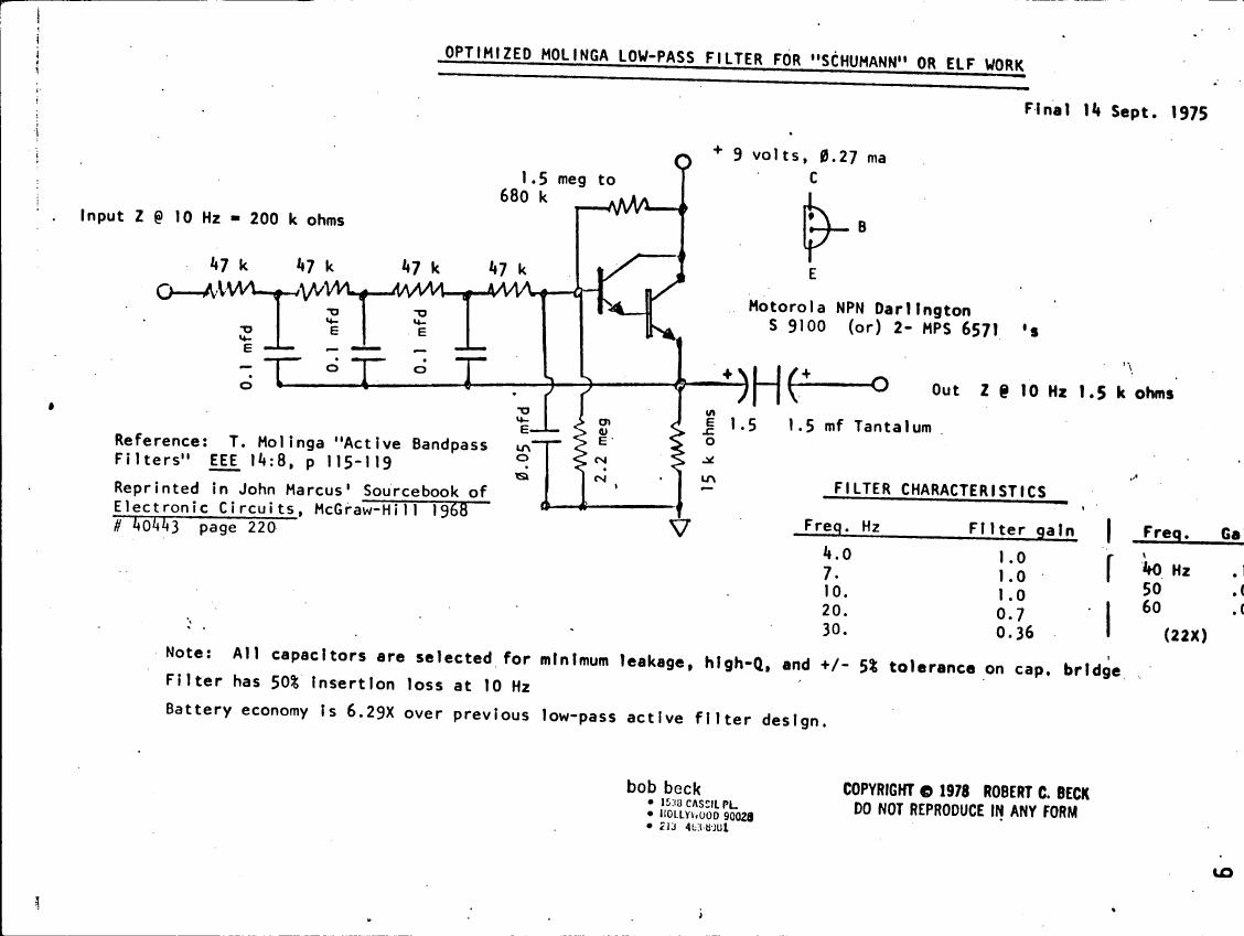 A schematic diagram of an optimized Molinga low-pass filter for 'Schumann' or ELF work.
