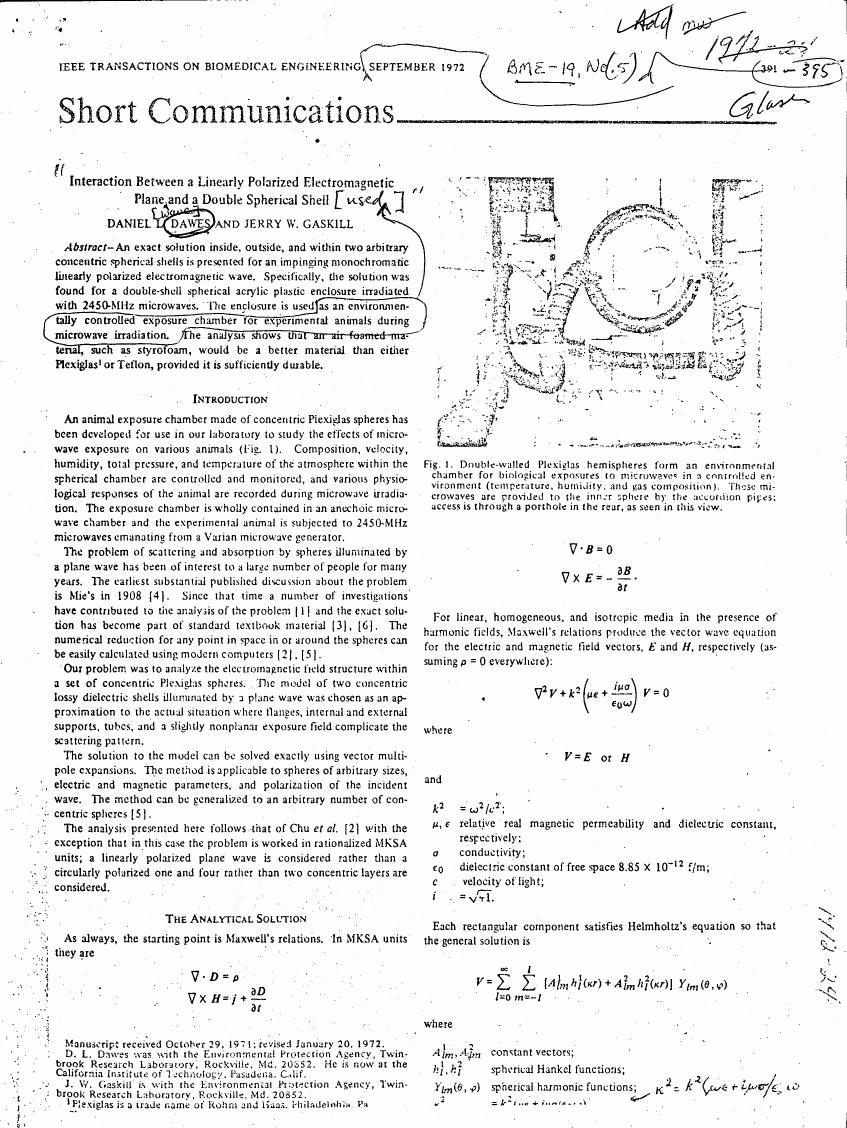 A diagram illustrating a double-walled Plexiglas hemispheres forming an environmental chamber for biological exposures to microwaves in a controlled environment.