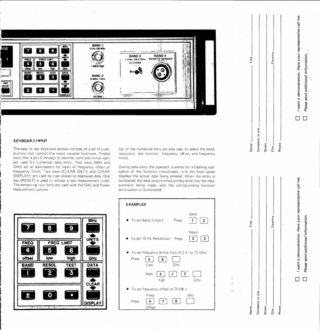 AI-described figure: A diagram illustrating keyboard input and examples for setting band inputs, resolution, frequency limits, and frequency offset on a scientific instrument.