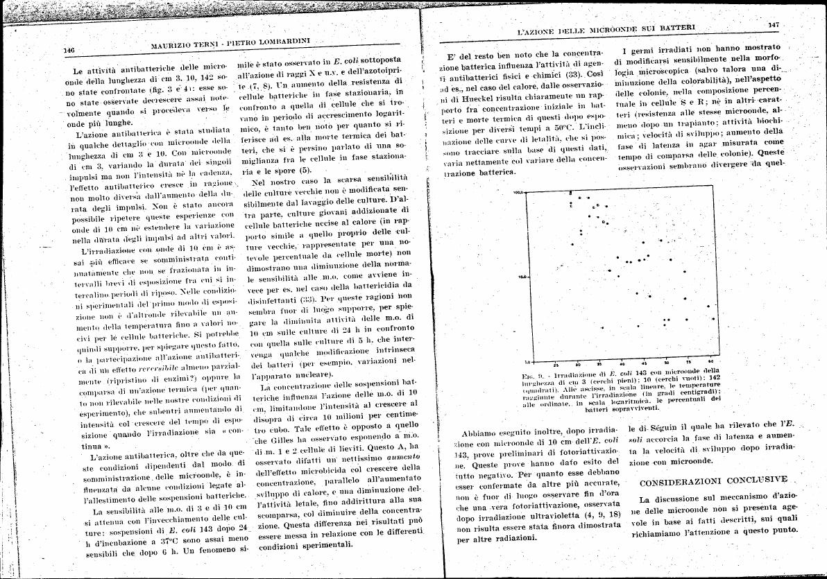 AI-described figure: A chart showing irradiation data for E. coli with microwaves of different wavelengths (3 cm, 10 cm, and 142 cm) at various temperatures.