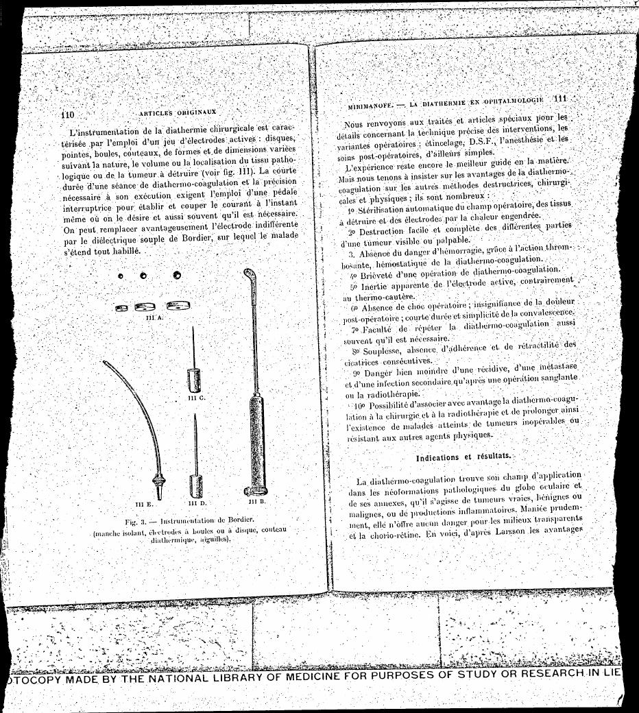 AI-described figure: Figure 3 illustrates various surgical instruments used in diathermy coagulation by Bordier.