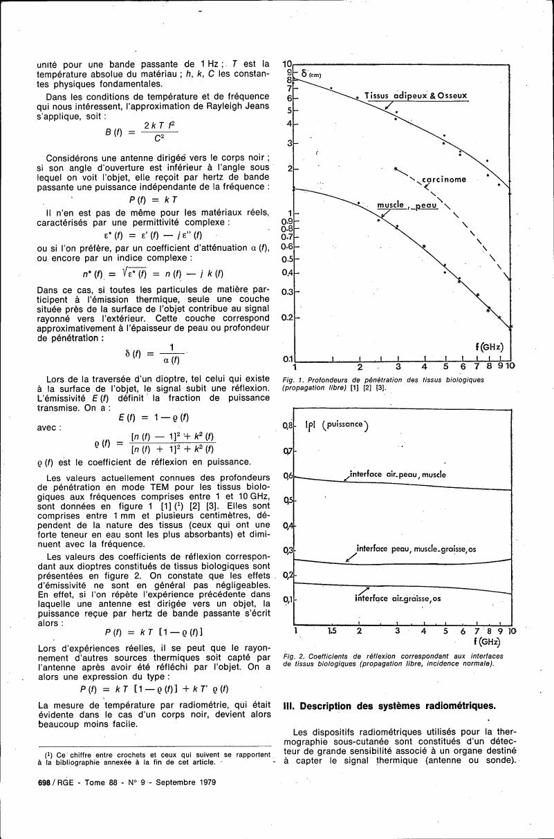 Figure 1. Profondeurs de pénétration des tissus biologiques (propagation libre) [1] [2] [3].