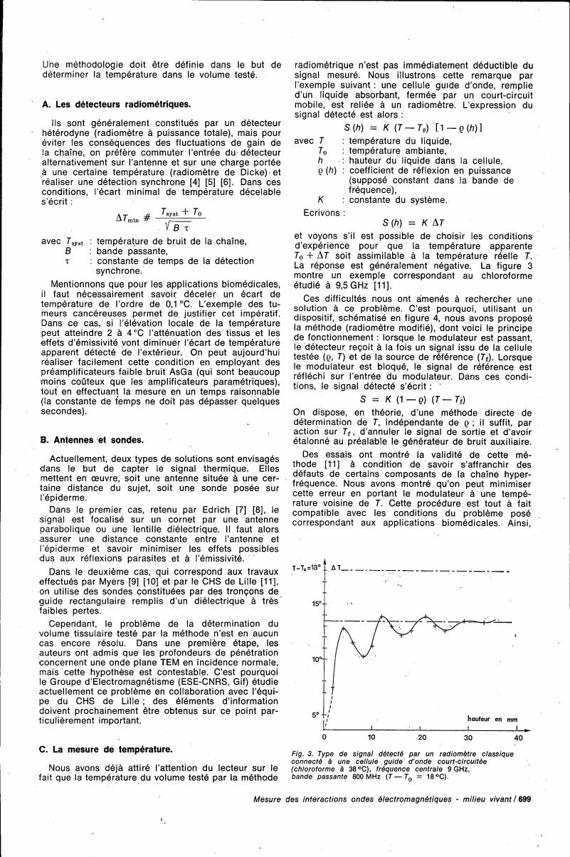 AI-described figure: A graph showing detected signal amplitude (AT) versus height in millimeters for a radiometer connected to a short-circuited waveguide cell, with temperature difference of 18°C.