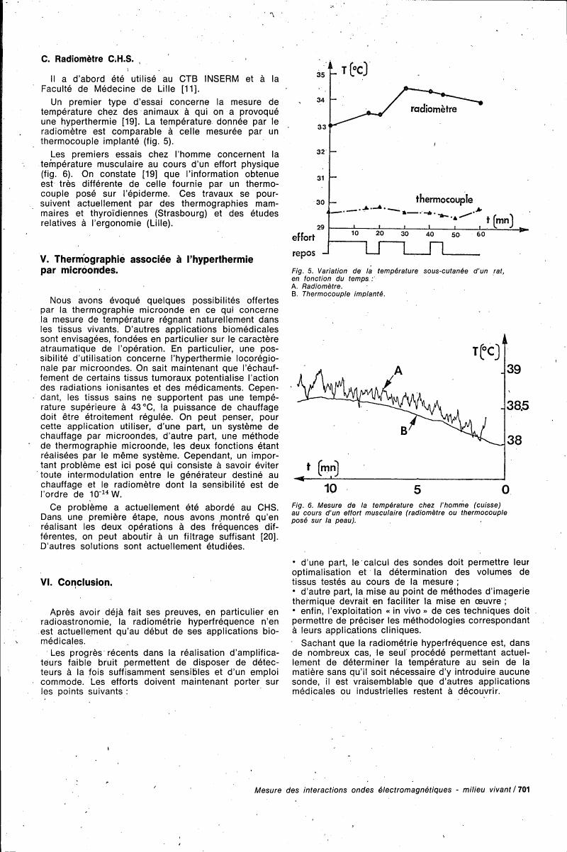 Figure 5. Variation de la température sous-cutanée d'un rat en fonction du temps: A. Radiomètre, B. Thermocouple implanté.