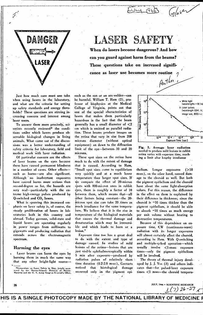 AI-described figure: Figure 1 illustrates the average laser radiation needed to produce mild lesions in rabbit retina as a function of exposure time.