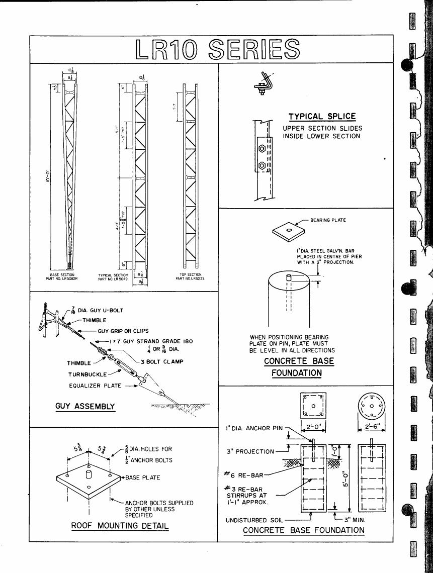 AI-described figure: A detailed diagram illustrating components and assembly instructions for an LR10 series structure, including base sections, typical splices, guy assemblies, and concrete base foundations.