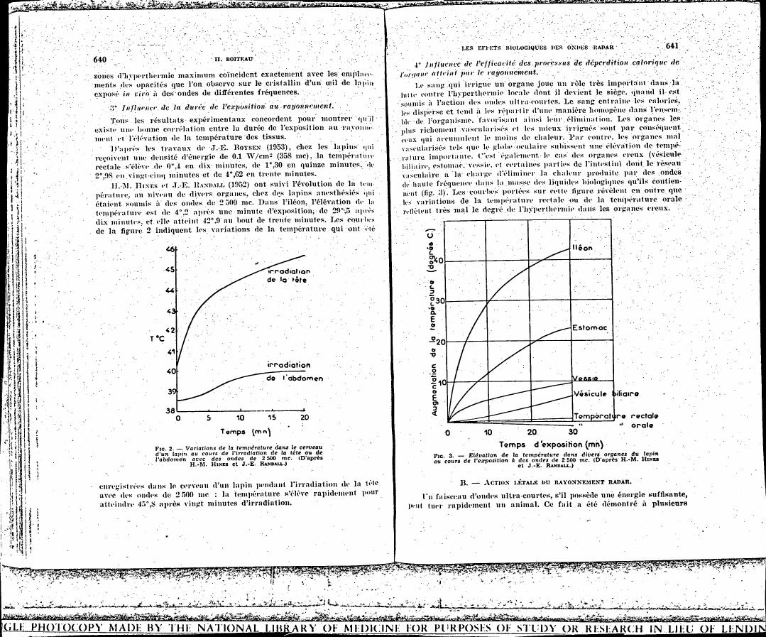 AI-described figure: Figure 2 illustrates temperature variations in a rabbit's brain during irradiation of the head or abdomen with 2500 mc waves, showing rapid temperature rise.