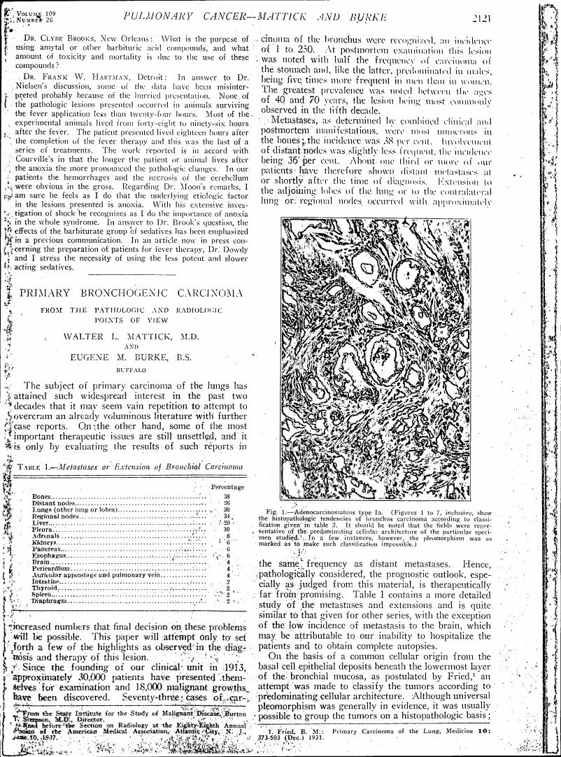 AI-described figure: Figure 1 depicts adenocarcinomatous type Ia, illustrating histopathologic tendencies in bronchial carcinoma according to classification.