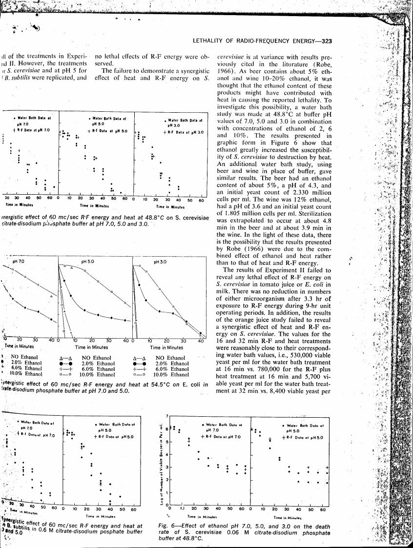 AI-described figure: Figure 6: Effect of ethanol pH 7.0, 5.0, and 3.0 on the death rate of S. cerevisiae at 48.8°C.
