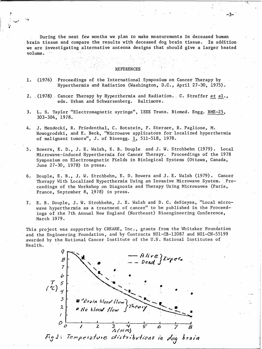 AI-described figure: Figure 2: Temperature distributions in dog brain showing temperature (°C) as a function of depth (mm), with data points for 'Alive' and 'Dead' experiments, along with theoretical predictions.
