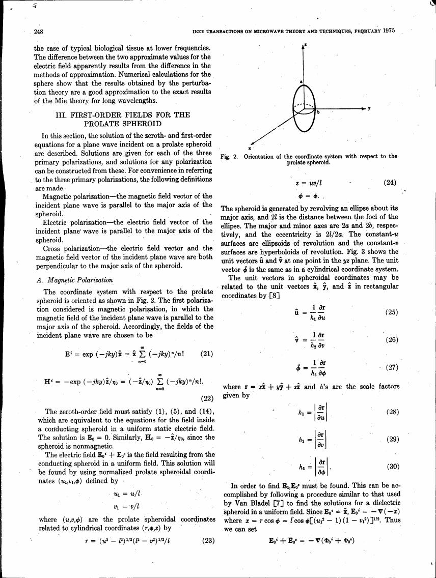 Orientation of the coordinate system with respect to a prolate spheroid (Fig. 2)