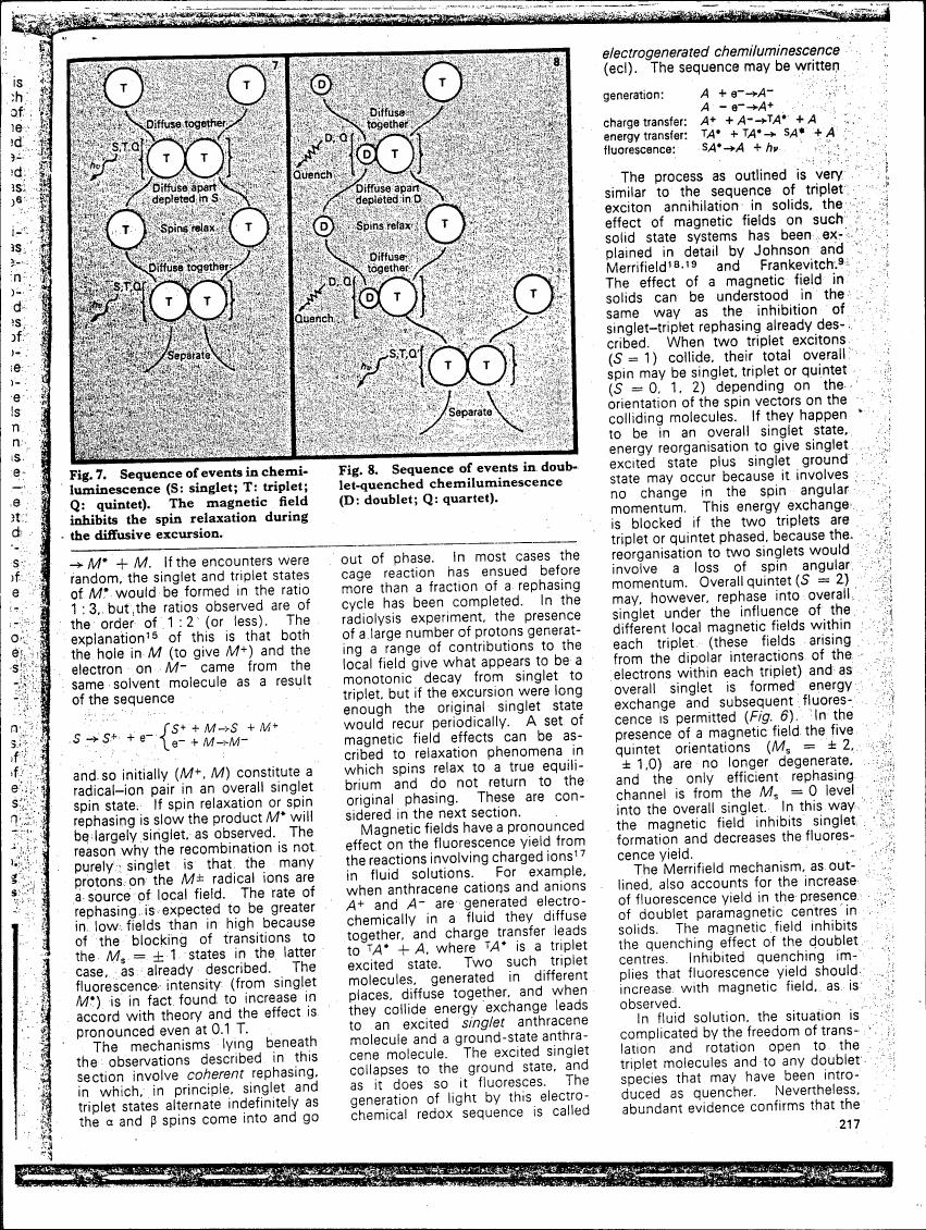 AI-described figure: Figures 7 and 8 illustrate sequences of events in chemiluminescence involving singlet (S), triplet (T), and quartet states, highlighting the effects of a magnetic field on these processes.