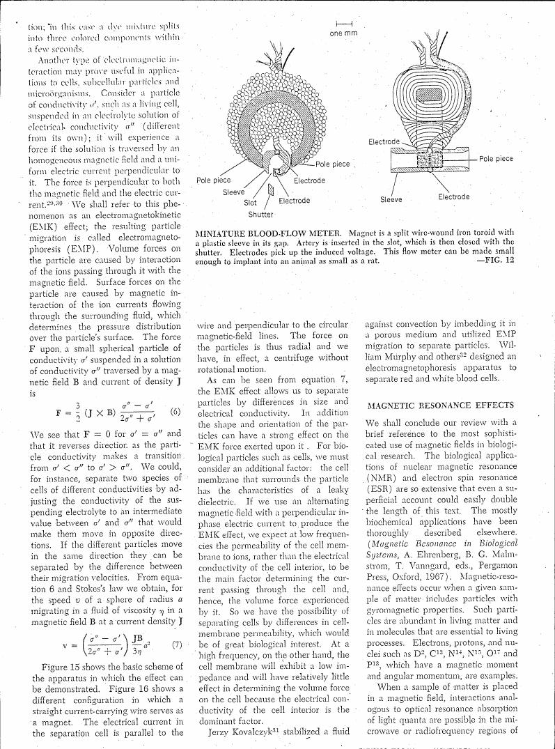 AI-described figure: A diagram illustrating a miniature blood-flow meter with labeled components such as electrodes and pole pieces.