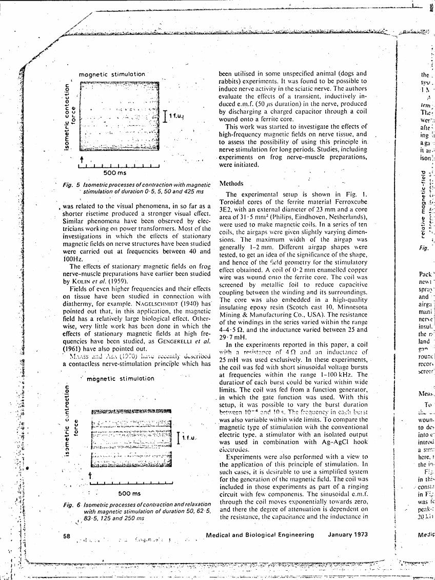 Fig. 5: Isometric processes of contraction with magnetic stimulation of duration 0-5, 5, 50 and 425 ms