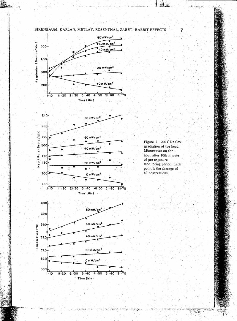 AI-described figure: Figure 2: 2.4 GHz CW irradiation effects on rabbit respiration rate, heart rate, and temperature over time.