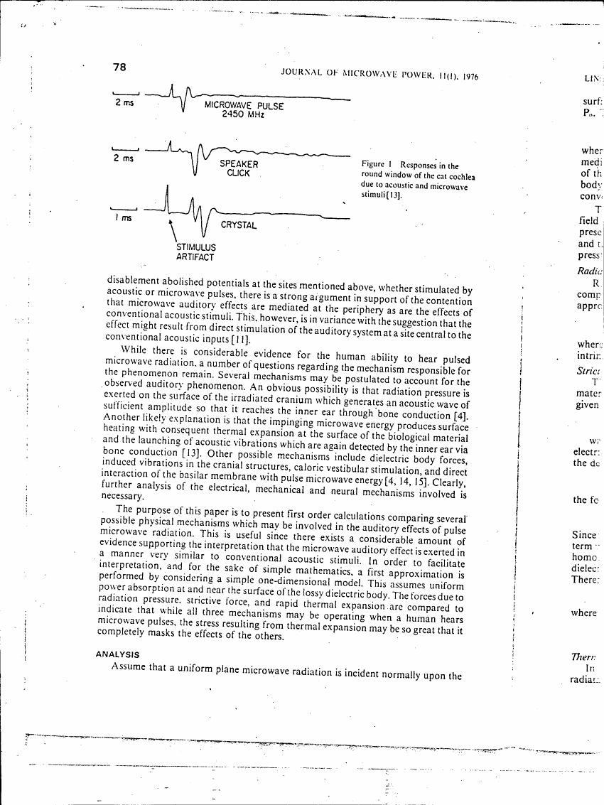Figure 1 illustrates responses in the round window of a cat cochlea due to acoustic and microwave stimuli.