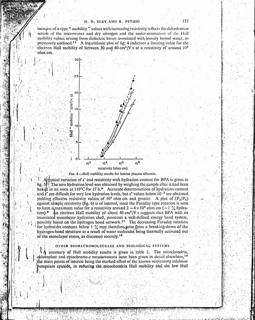AI-described figure: A logarithmic plot showing Hall mobility values for bovine plasma albumin against resistivity.
