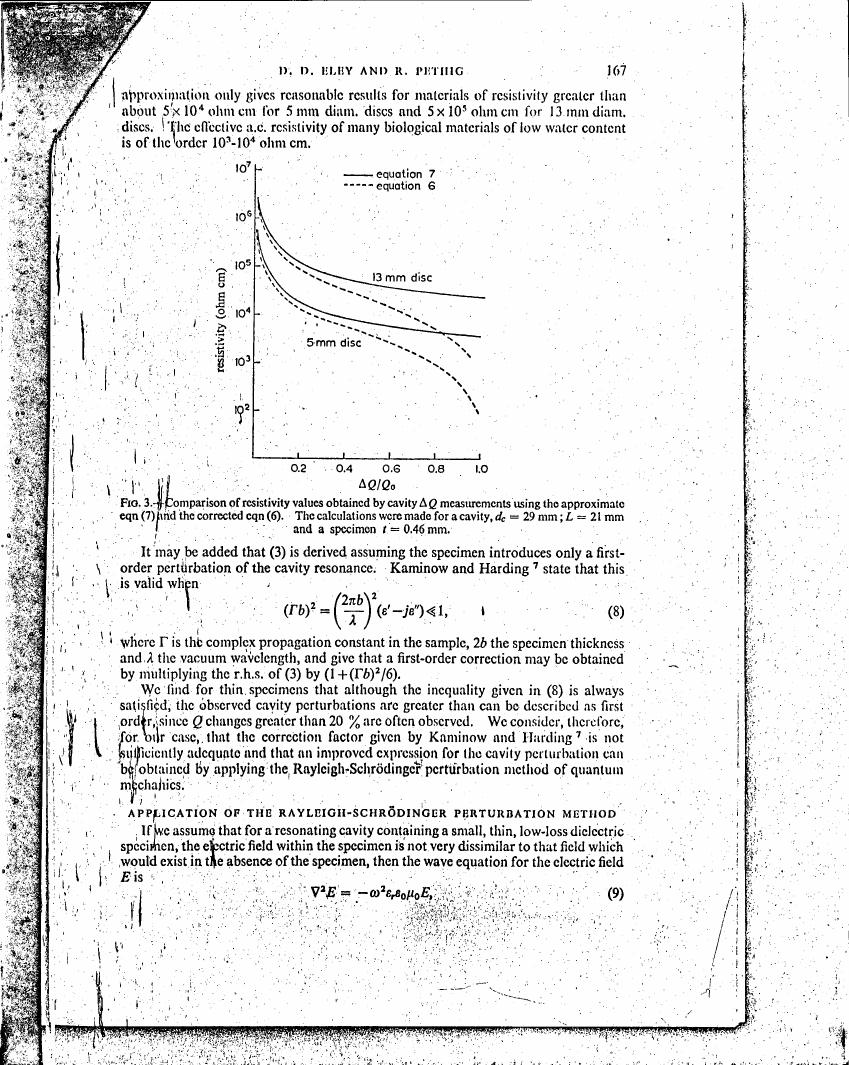 Comparison of resistivity values obtained by cavity ΔQ measurements using approximate eqn (7) and the corrected eqn (6).