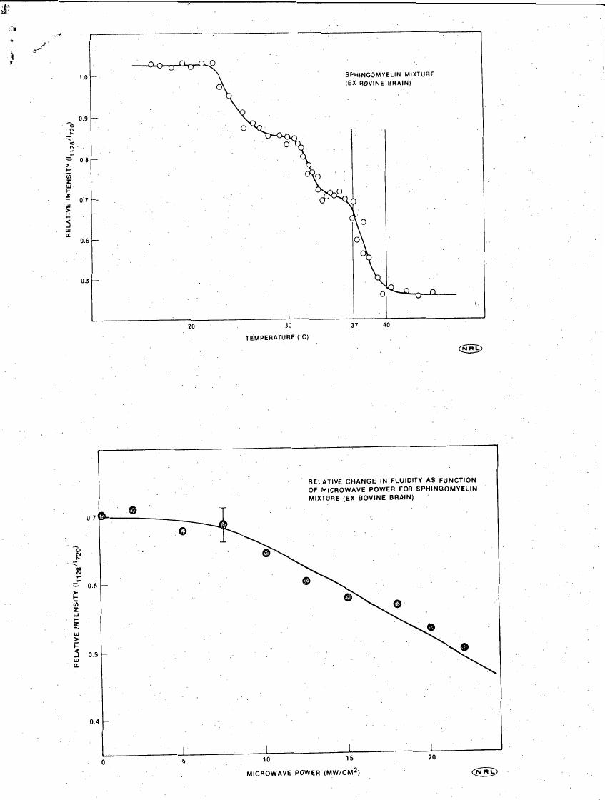 AI-described figure: The graph illustrates the relative intensity change in a sphingomyelin mixture as a function of temperature and microwave power.