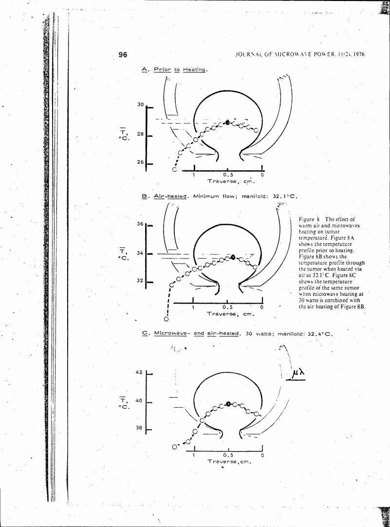 AI-described figure: Figure 8 illustrates the effect of warm air and microwave heating on tumor temperature profiles.