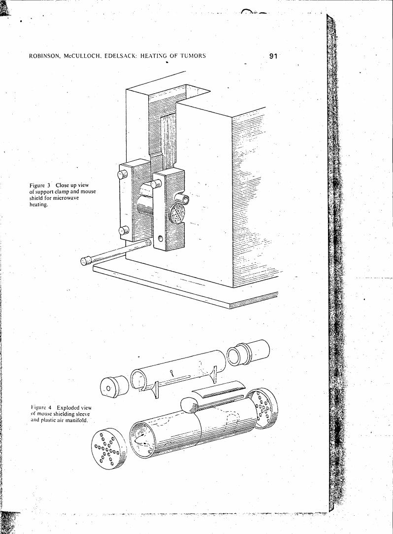 AI-described figure: Figure 3: Close-up view of support clamp and mouse shield for microwave heating. Figure 4: Exploded view of mouse shielding sleeve and plastic air manifold.
