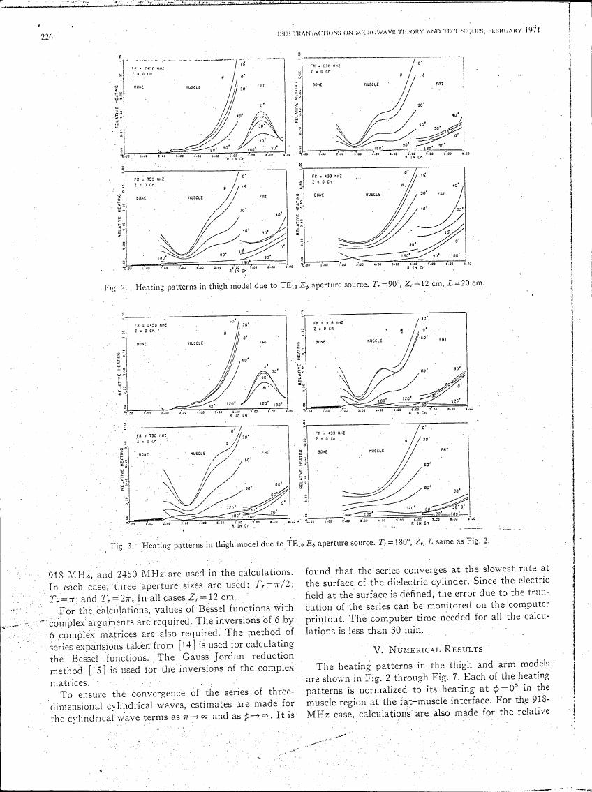AI-described figure: Fig. 2 and Fig. 3 show heating patterns in thigh models due to TE19 E4 aperture sources at different frequencies, with varying angles of incidence.