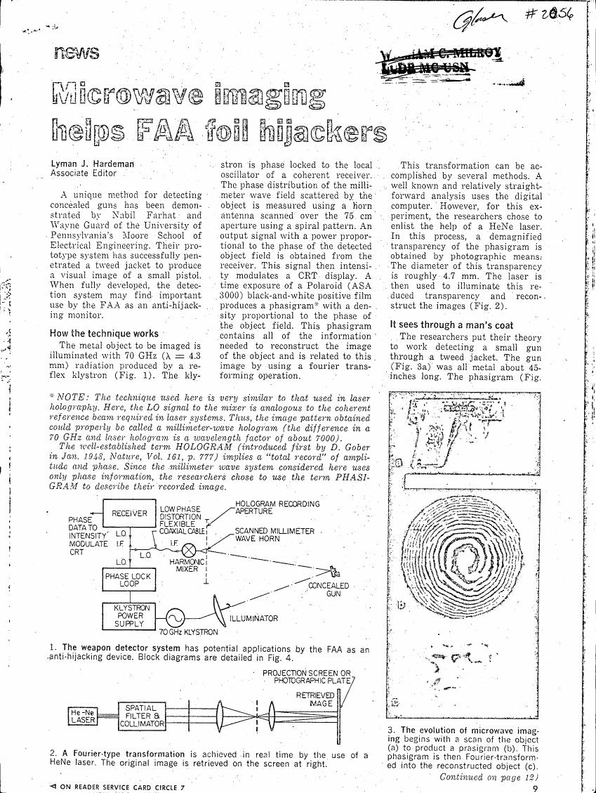 AI-described figure: A block diagram illustrating a microwave imaging system for detecting concealed weapons.