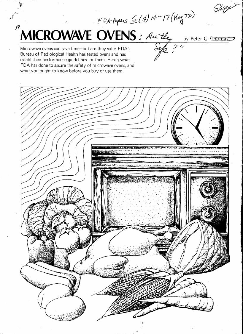 AI-described figure: A black and white illustration depicting microwave waves emanating from a microwave oven with various food items in front of it.