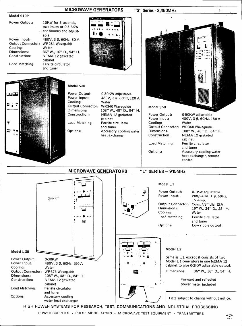 AI-described figure: A chart comparing specifications of various microwave generators from different models in two series: 'S' and 'L'.