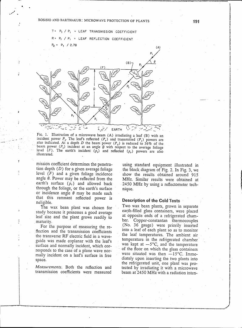 AI-described figure: Illustration of a microwave beam irradiating a leaf with reflected and transmitted powers indicated.