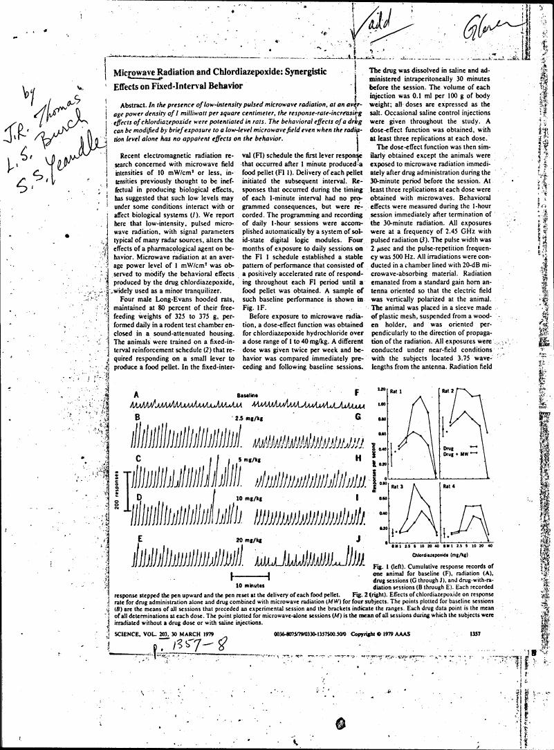 AI-described figure: Cumulative response records for one animal showing baseline performance and effects of chlordiazepoxide at different doses before and after microwave radiation exposure.