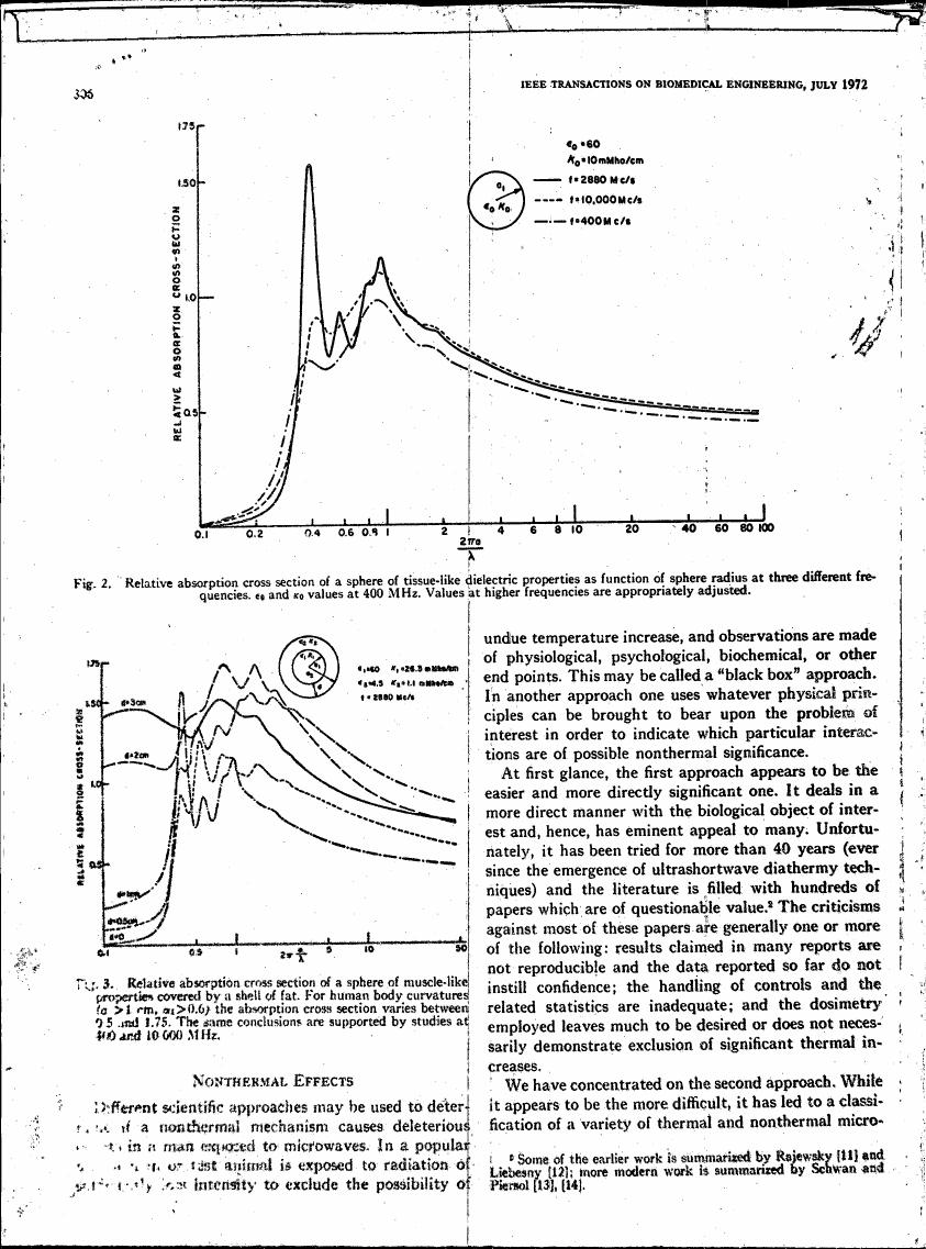 Fig. 2: Relative absorption cross section of a sphere with tissue-like dielectric properties as function of sphere radius at three different frequencies.